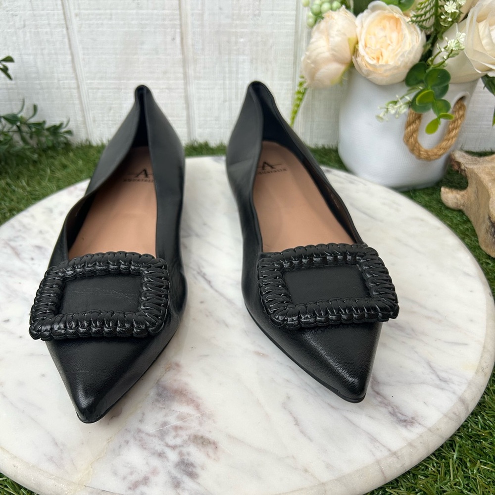 Aquatalia Black Pointed Toe Flats with Woven Buckle